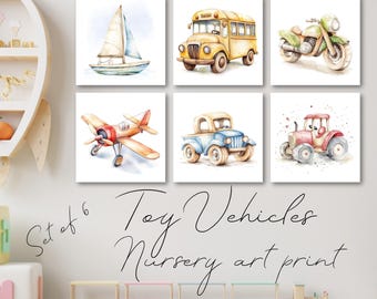 Wooden Vehicle Toys Art Print set of 6 Kids room decor for the nursery or hobby room watercolor style illustration Digital download PNG