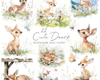 Cute deer clipart for your scrapbooking or cardmaking, watercolor style illustration digital download, sublimation, commercial use.