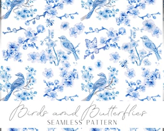 Blue Chinoiserie seamless pattern vintage blue motive of birds flowers butterflies and bees for printing crafting for upcoming celebration