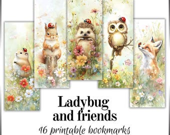 Ladybug and friends, set of 16 bookmarks, separate printable PNG and ready to print JPG files, Instant download, commercial use, watercolor.