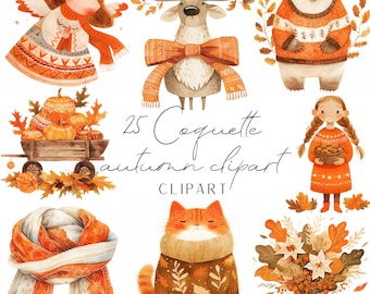 Coquette autumn clipart watercolor style for your fall projects, 25 cute images for junk journals scrapbooking cardmaking and more. 300 dpi.