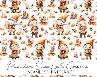 Pumkin Spice Latte Gnome with a cute squirrel in a scarf, printing seamless pattern instant download for POD fall pattern for decor and DIY