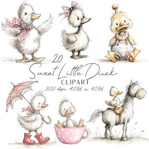 May include: Watercolor clipart featuring six adorable ducklings in various poses. One duckling wears a scarf and another a bow. One duckling is in a teacup, and another rides a horse. The text "20 Sweet Little Duck Clipart" is also visible.