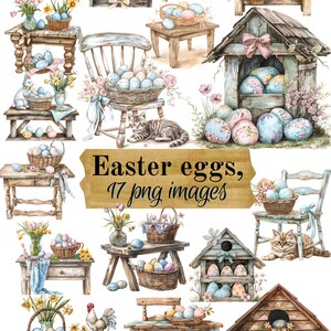 Watercolor Easter Eggs clipart, decoration, spring, rabbit, PNG, scrapbooking, cardmaking, digital download, sublimation, commercial use.