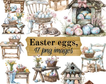 Watercolor Easter Eggs clipart, decoration, spring, rabbit, PNG, scrapbooking, cardmaking, digital download, sublimation, commercial use.