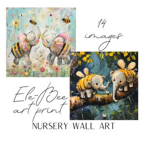 Könnte beinhalten: Farbenfroher Wandkunstdruck für das Kinderzimmer mit zwei skurrilen Elefanten in Bienenkostümen, umgeben von Blumen und Bienen. Das Kunstwerk trägt den Titel "Ele-Bee art print" und ist für das Kinderzimmer konzipiert.