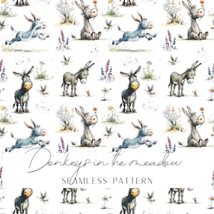 Könnte beinhalten: Ein nahtloses Muster mit Aquarellillustrationen von grauen Eseln in verschiedenen Posen, darunter springend, sitzend und stehend, durchsetzt mit bunten Wildblumen, kleinen Vögeln und dem Text Donkeys in the meadow SEAMLESS PATTERN.
