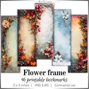 Pode incluir: Conjunto de cinco marcadores imprimíveis, cada um com um design de moldura floral. Os marcadores apresentam vários temas sazonais com flores, folhas e bagas. Cada marcador mede 5 x 12.7 cm.