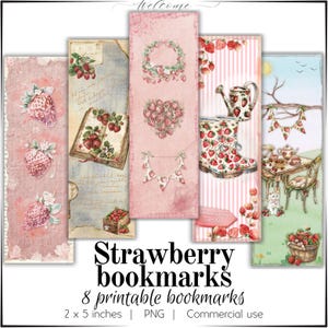 Lot de 8 marque-pages fraises pour égayer votre journée. Illustrations de style aquarelle, téléchargement numérique, PNG, usage commercial, haute qualité.