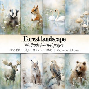 Pages de journal de déchets de paysage forestier en papier numérique, couleurs douces, sensation magique des bois avec animaux et plantes, téléchargement numérique imprimable 300 dpi