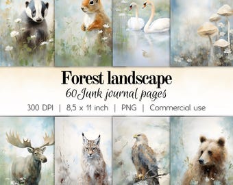 60 Forest landscape junk journal pages digital paper soft colors magic feel woodland with animals and plants digital download printable