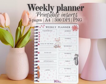 Weekly planner with Colorful Cats 5 different design and a frontpage Refill for Filofax, planner pages A3, A4,, A5 300 DPI, PNG files
