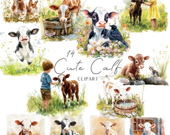 14 Cute calf clipart, PNG bundle, watercolor style illustrations, scrapbooking, cardmaking, digital download, sublimation, commercial use.