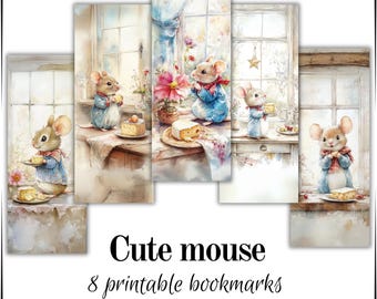 Set of 8 bookmarks with cute mouse and cheese, watercolor style illustrations, digital download, PNG & JPG, commercial use, high quality.