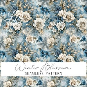 Puede incluir: Patrón sin costuras con un diseño floral de invierno. El patrón presenta rosas blancas y beige, flores azules y acentos de copo de nieve sobre un fondo azul claro. El texto "Winter Blossom" y "Seamless Pattern" se muestra en una pancarta rectangular blanca.