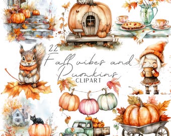 22 Fall Vibes Pumpkin clipart Watercolor Style images DIY Craft Autumn Decor Instant Download cute and decorative motifs for diy projects.