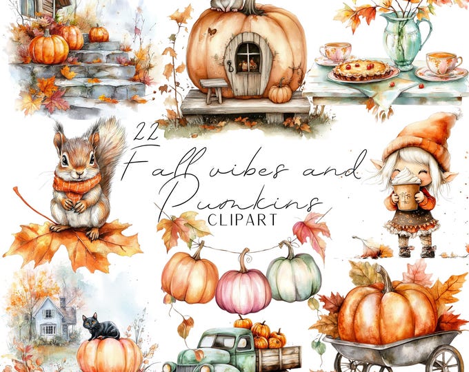 Featured listing image: 22 Fall Vibes Pumpkin clipart Watercolor Style images DIY Craft Autumn Decor Instant Download cute and decorative motifs for diy projects.