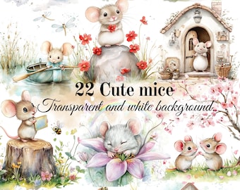 Cute mouse clipart watercolor style illustrations for scrapbooking cardmaking digital download, sublimation, commercial use.