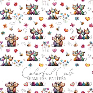 Färgglada katter sömlösa mönster, söt katt digitalt papper, nyckfull djurbakgrund, barntygtryck, katt clipart