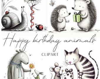 May include: A collection of black and white illustrations featuring a snail with a ladybug, two hedgehogs with a gift, a large creature and a mouse with a flower, and a mouse with a cat and cheese. The text reads Happy birthday animals CLIPART.
