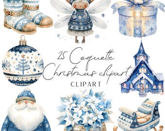 Coquette Christmas clipart watercolor style. 25 cute images for your upcoming Christmas projects. Junk journals Scrapbooking cardmaking