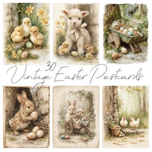 Puede incluir: Una colección de 30 postales vintage de Pascua. Las postales presentan ilustraciones en acuarela de pollitos, corderos, conejitos, huevos de Pascua y una carretilla llena de huevos y flores. El texto "Vintage Easter Postcards" está escrito en cursiva.