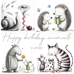30 graziosi animali di buon compleanno clipart ideali per biglietti d'auguri, decorazioni da parete, sacchetti di carta, tovaglioli e molto altro ancora download digitale auguri per la festa della mamma e del papà