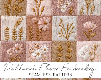 Pink Patchwork Flower Embroidery Seamless Pattern, Soft beige and pink colors for textilea and paper prints, high quality download files png