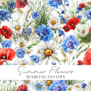 Zomerbloemen naadloos patroon korenbloemen madeliefjes en klaprozen motief voor afdrukken en knutselen POD instant download afbeelding met hoge resolutie.