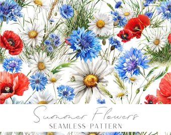 Daisies and poppies cornflowers semless pattern summer flowers motive great for printing textiles wallpaper paper crafts instant download