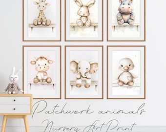 Patchwork Animal Nursery Art Prints set of 6 Kids room decor Dog lover gift Puppies in clothes illustration Digital download Soft beige