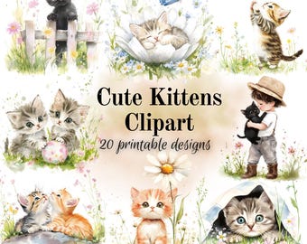 Cute kittens clipart PNG bundle watercolor style illustrations scrapbooking cardmaking digital download sublimation, commercial use image.