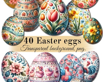 40 Easter eggs with transparent background. PNG format, high resolution. Digital download, Printable Clipart for easter crafts.