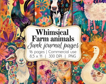 Whimsical farm animals, Junk journal pages, Digital paper set, 8,5 x 11, Commecial use, instant digital download, scrapbooking, postcards,