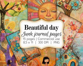 Boho Beautiful day, Junk journal pages, Digital paper set, 8,5 x 11, Commercial use, instant digital download, scrapbooking, posters.