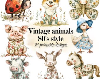Vintage animals 80s style cute designs for journals or scrapbooking clipart for printing or making stickers instant download pdf