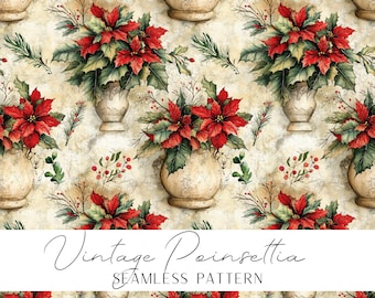 Vintage Poinsettia Seamless Pattern Spruce Branch Design Christmas Berries Motif Holiday Fabric, Festive Decor drapery Gift wrap textile