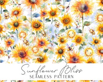 Summer feel sunflower seamless pattern, great for textile prints and wallpaper. 300 dpi high quality download for your projects.