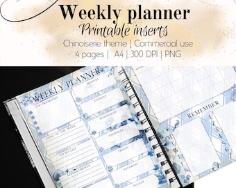 Weekly planner with  a Vintage Chinoiserie theme, Weekly agenda, Refill for Filofax or planner, undated pages. Great for gifts.