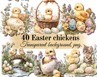 40 Easter chickens with transparent background. PNG format, high resolution. Digital download, Printable Clipart for easter crafts.