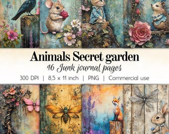 16 Junk Journal pages Animals secret garden design for journals printing pages for scrapbooking making cards hight quality instant download.