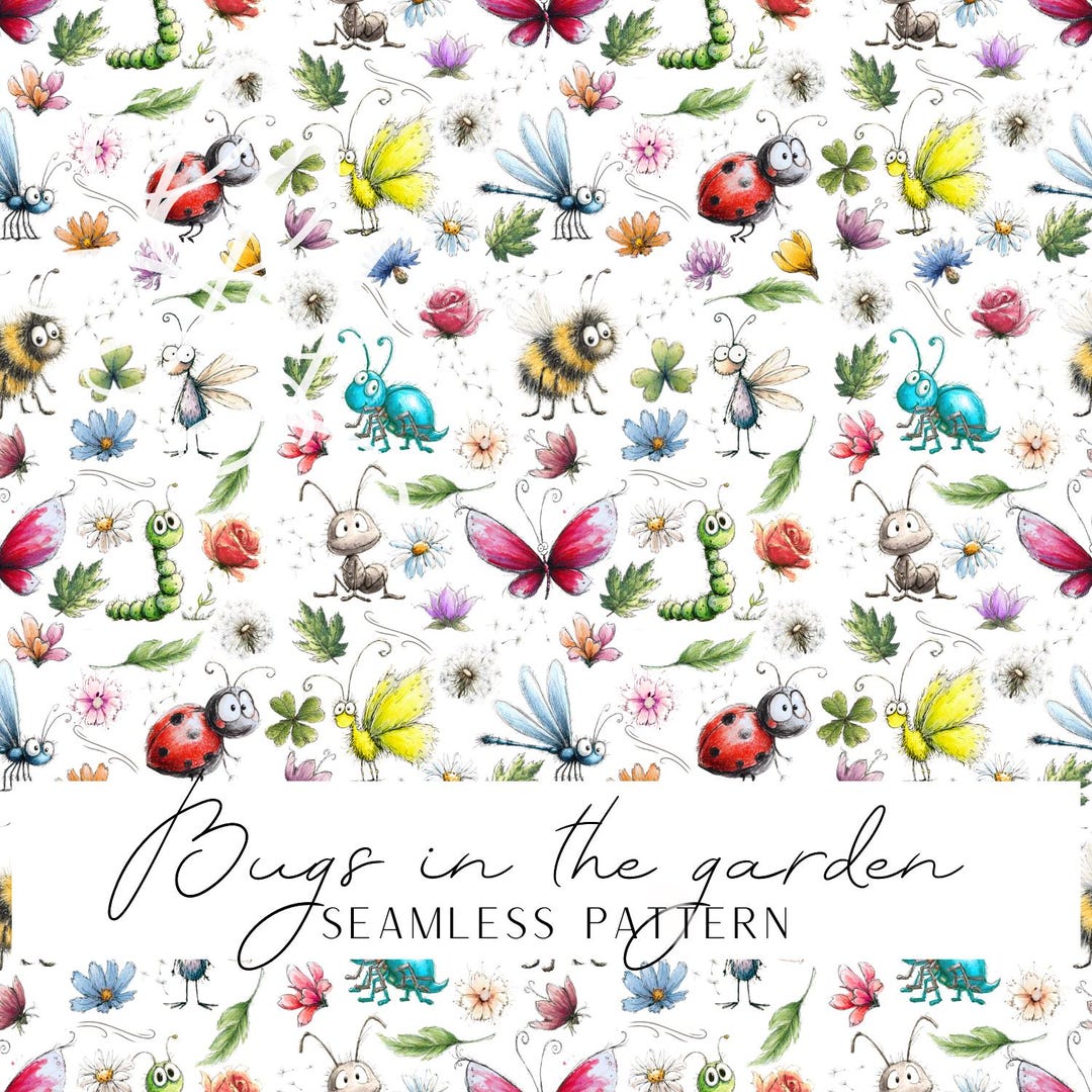 Cute Bugs Seamless Pattern | Watercolor Insects & Flowers Digital Paper ...