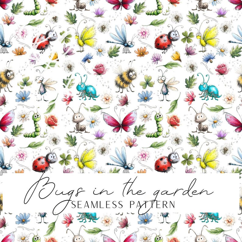 Cute Bugs Seamless Pattern | Watercolor Insects & Flowers Digital Paper ...