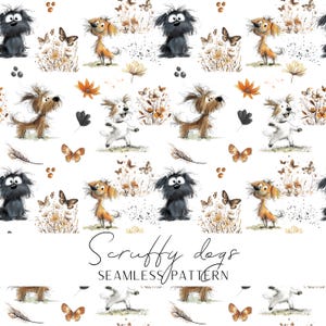 Scruffy Dogs Seamless Pattern with Flowers and butterflies Art Dog Lover Gift Fabric Floral Digital Print textile design canine digital pod