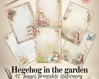 Hedgehog in the garden letter papers, printable stationery, A 4 size, instant download, PDF , journaling pages. Lined paper, Notepaper