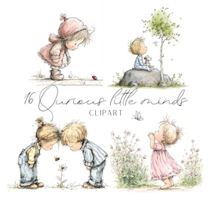 16 uroczych obrazków Curious Little Minds, kreskówkowe ilustracje w stylu clipart do Twoich nadchodzących projektów, cyfrowe pobieranie w formacie PNG