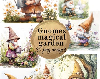 Gnomes magical garden, PNG, watercolor style illustrations, scrapbooking, cardmaking, digital download, sublimation, commercial use, flower,