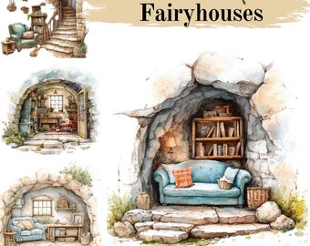 Fairy house clipart, PNG bundle, watercolor style illustrations, scrapbooking, cardmaking, digital download, sublimation, commercial use.
