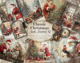 Classic Christmas Junk Journal Ephemera kit Double foldable pages and single whole pages, tags, round decor. Downloadable papers PNG format.