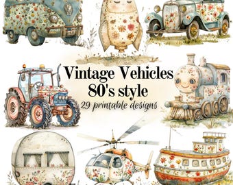 Vintage Vehicles 80s style cute designs for journals or scrapbooking clipart for printing or making stickers instant download pdf